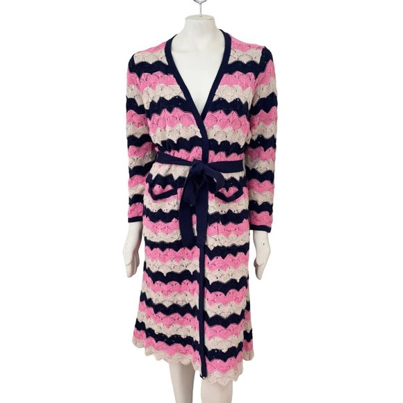 LAURIE FELT Pointelle Knit Belted Duster Cardigan  Navy Pink Beige SZ MP - Picture 1 of 13